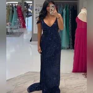 Elegant Navy Blue Sequin Evening Gown